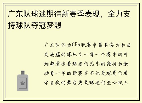 广东队球迷期待新赛季表现，全力支持球队夺冠梦想